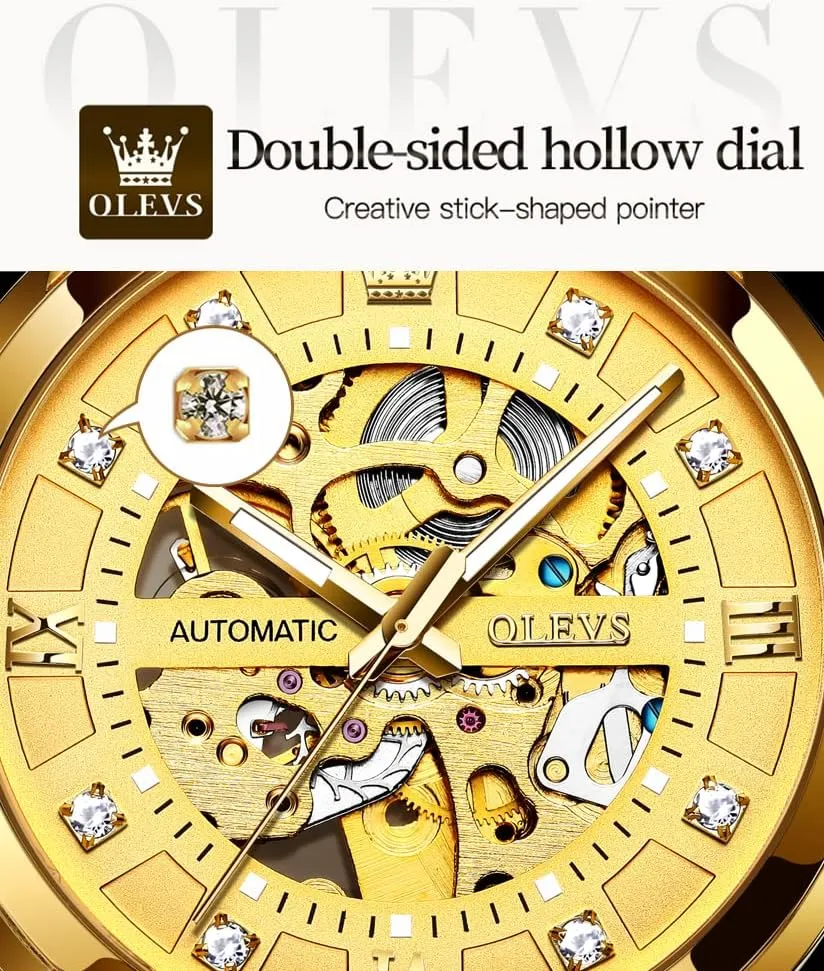 Mechanical self Winding Luxury vision monopoly sizable warmth overt Dress Stainless Steel Waterproof Luminous Wrist Watches OLEVS Men??s Gold Skeleton Watch Automatic 