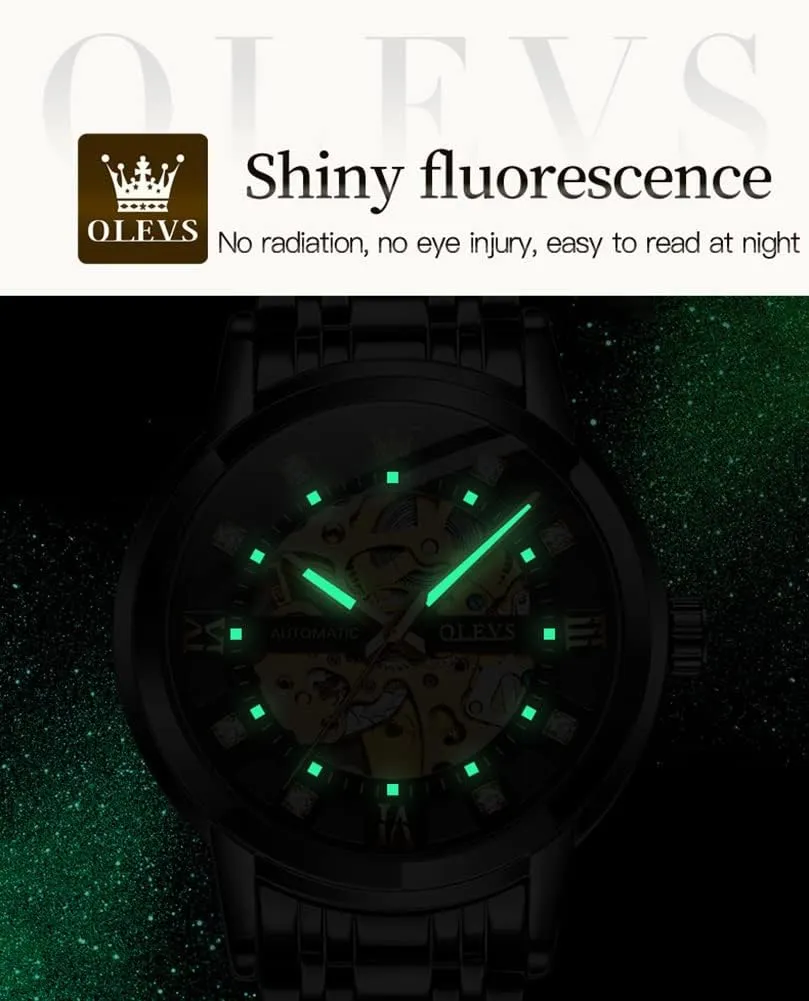 Mechanical self Winding Luxury vision monopoly sizable warmth overt Dress Stainless Steel Waterproof Luminous Wrist Watches OLEVS Men??s Gold Skeleton Watch Automatic 