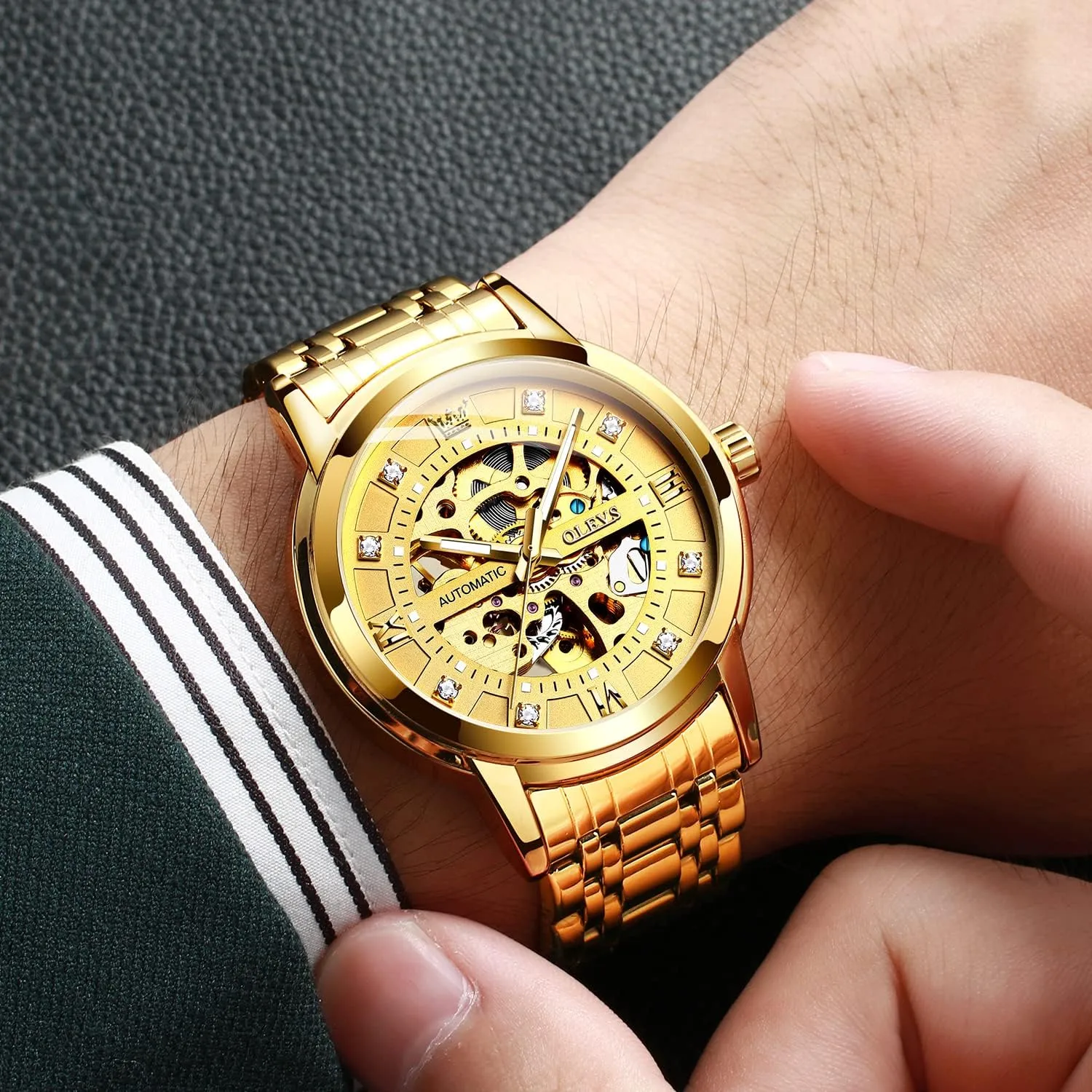 Mechanical self Winding Luxury vision monopoly sizable warmth overt Dress Stainless Steel Waterproof Luminous Wrist Watches OLEVS Men??s Gold Skeleton Watch Automatic 