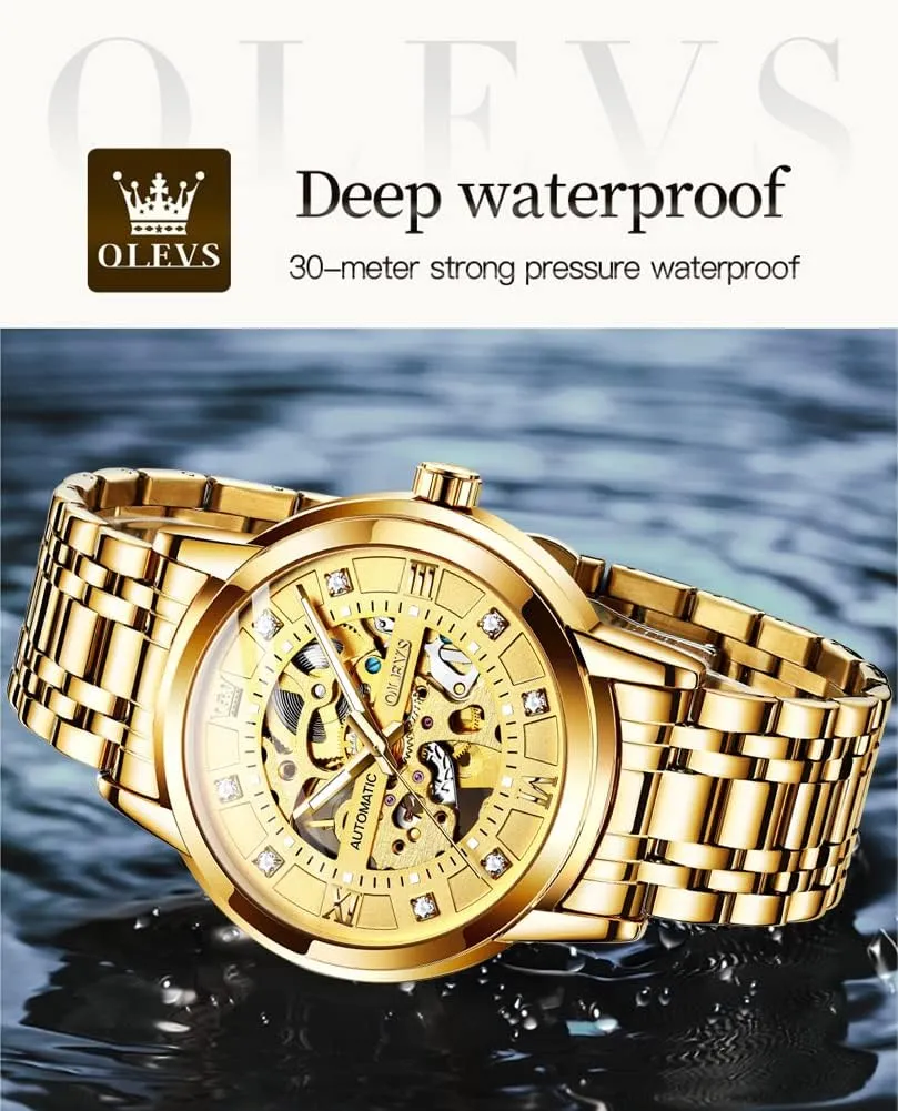 Mechanical self Winding Luxury vision monopoly sizable warmth overt Dress Stainless Steel Waterproof Luminous Wrist Watches OLEVS Men??s Gold Skeleton Watch Automatic 