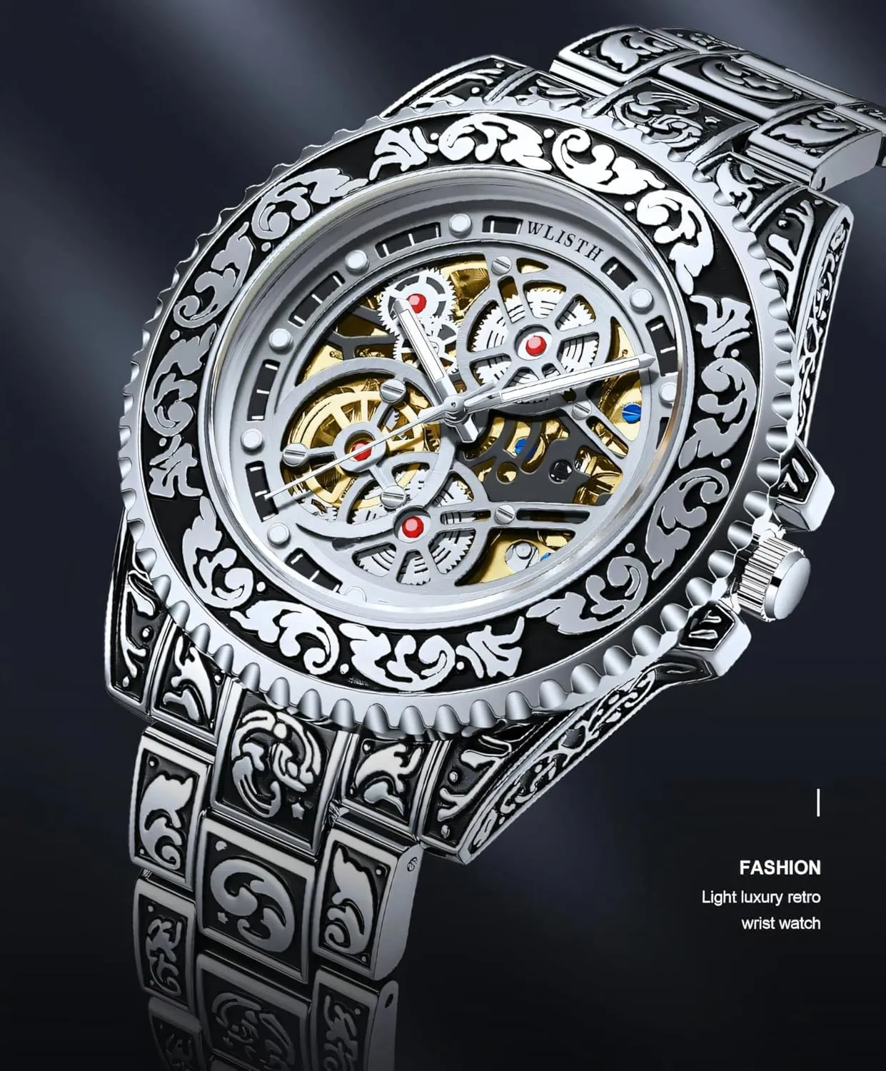 Mechanical Watch Alloy Band Waterproof Luminous equip wheat Automatic Watches Mens Skeleton Engraving Wristwatch Unique Tattoo Pattern Carved 