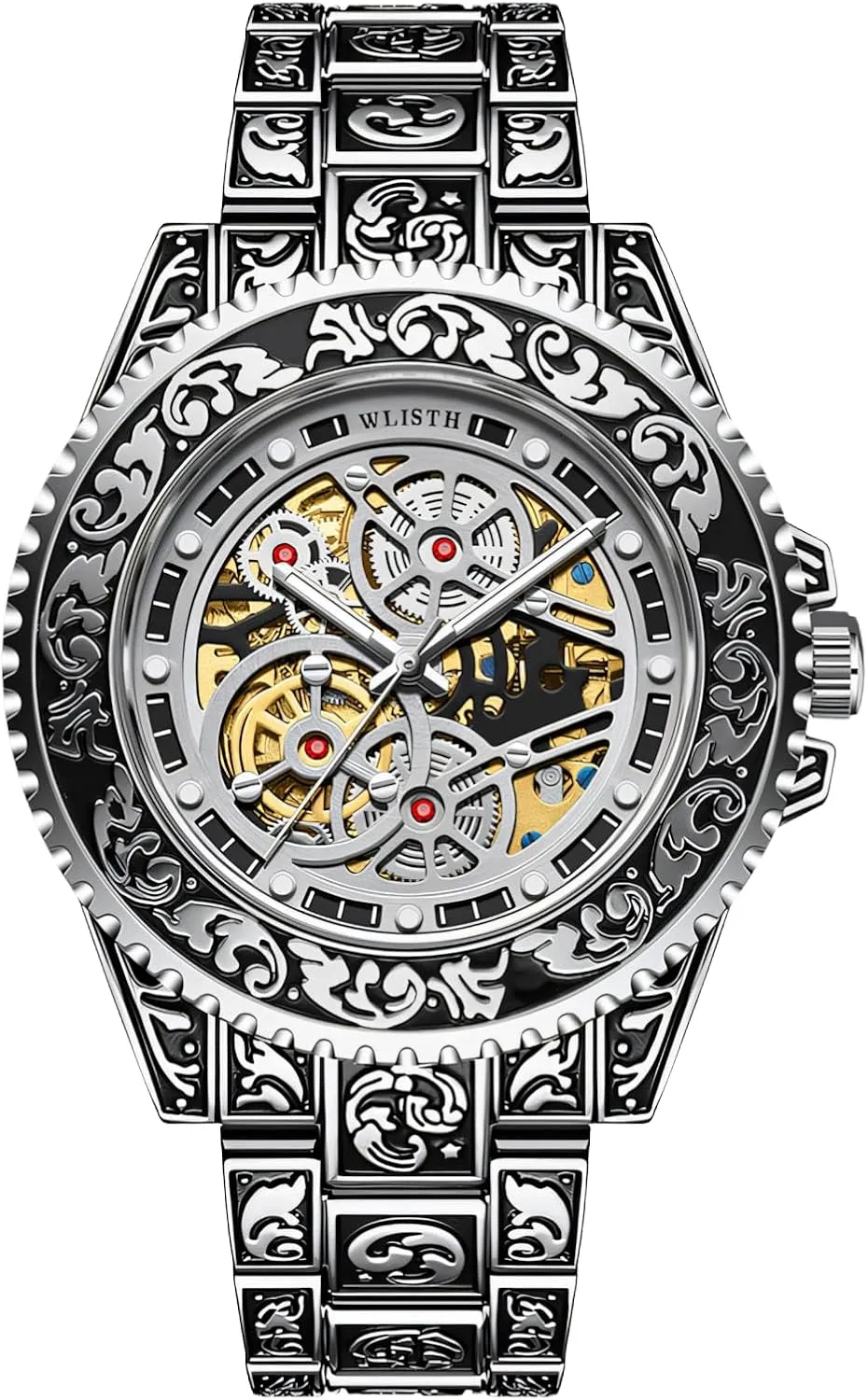 Mechanical Watch Alloy Band Waterproof Luminous equip wheat Automatic Watches Mens Skeleton Engraving Wristwatch Unique Tattoo Pattern Carved 