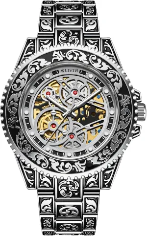 Mechanical Watch Alloy Band Waterproof Luminous equip wheat Automatic Watches Mens Skeleton Engraving Wristwatch Unique Tattoo Pattern Carved 
