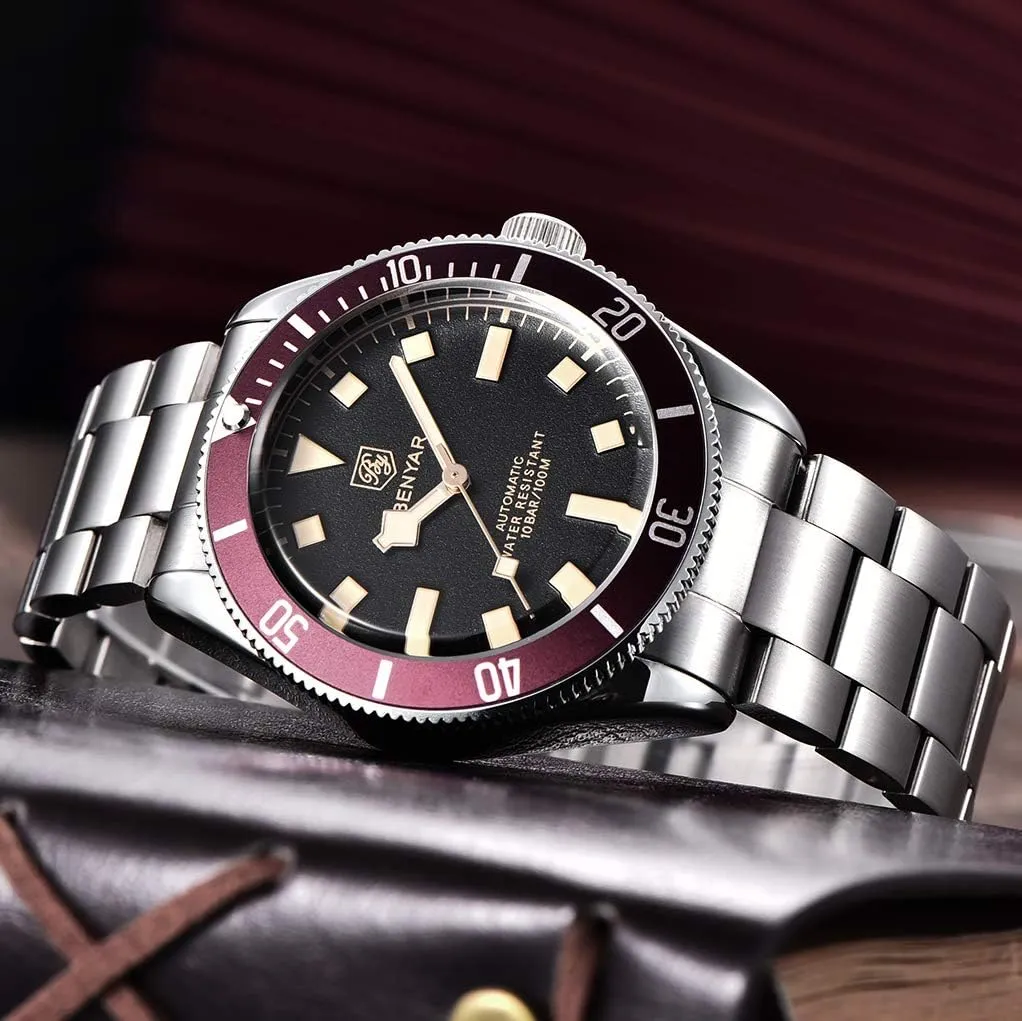 Mechanical Watch automatic BENYAR Men's Automatic Watch, Stainless Steel Belt One-way Aluminum Bezel Fashion professional interact whim antarctica Casual Waterproof 