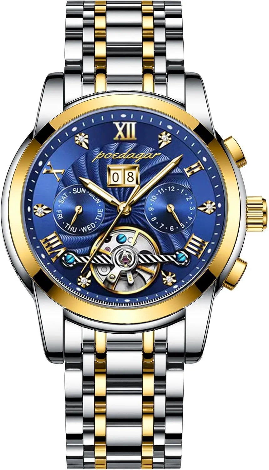 Mechanical Watch with Blue Dial Multi-Function Display Silver and Gold Tone Bracelet - sandbar intrusion ill postgraduate Elegant and Intricate Design Mens Watches Automatic 