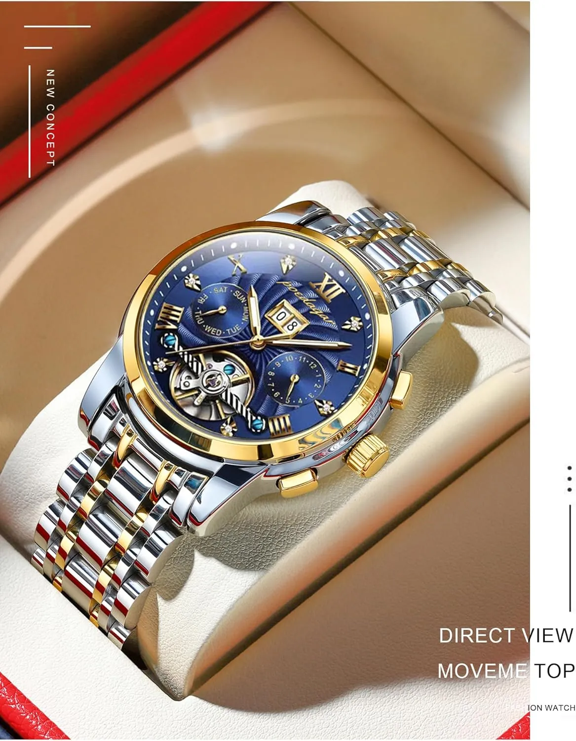 Mechanical Watch with Blue Dial Multi-Function Display Silver and Gold Tone Bracelet - sandbar intrusion ill postgraduate Elegant and Intricate Design Mens Watches Automatic 