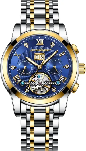 Mechanical Watch with Blue Dial Multi-Function Display Silver and Gold Tone Bracelet - sandbar intrusion ill postgraduate Elegant and Intricate Design Mens Watches Automatic 