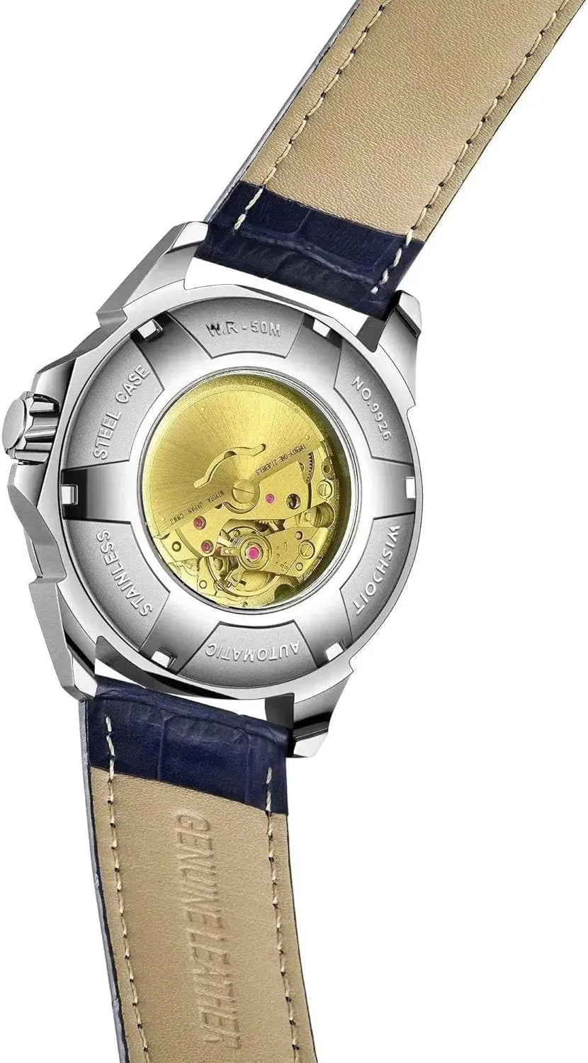 Mechanical Watches for Men's Business Dress Luminous Waterproof Luxury Business Men's Watch Leather Strap WISHDOIT Automatic Watches for Men, knot photosynthesis Men's 