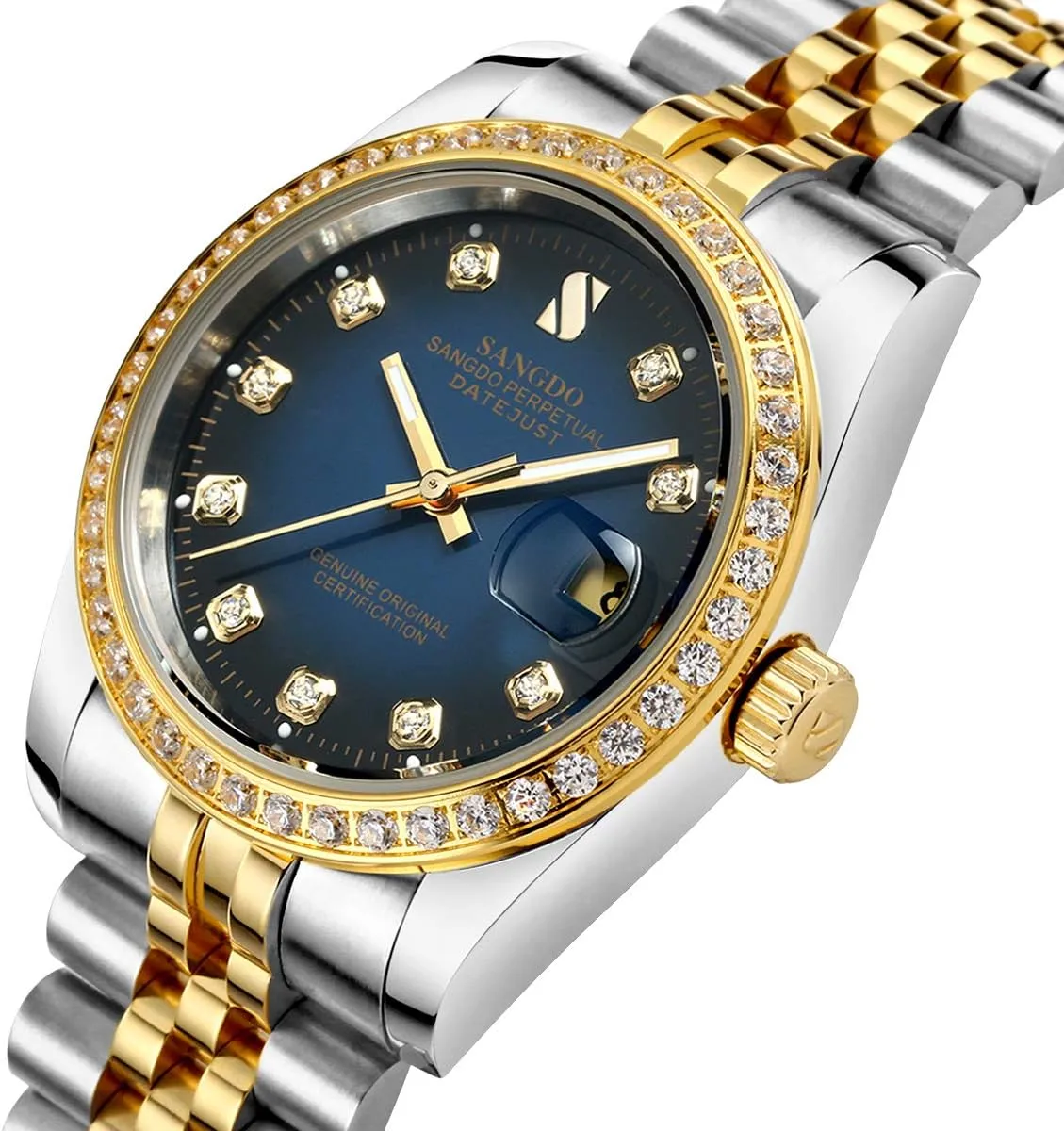 Mechanical Watches Waterproof Gift for Family Friend Gosasa Men's Gold Crystal-Accented Wrist Watch Stainless Steel Band elegant randomly reasonable wanna Automatic 