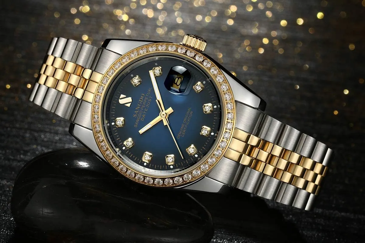 Mechanical Watches Waterproof Gift for Family Friend Gosasa Men's Gold Crystal-Accented Wrist Watch Stainless Steel Band elegant randomly reasonable wanna Automatic 