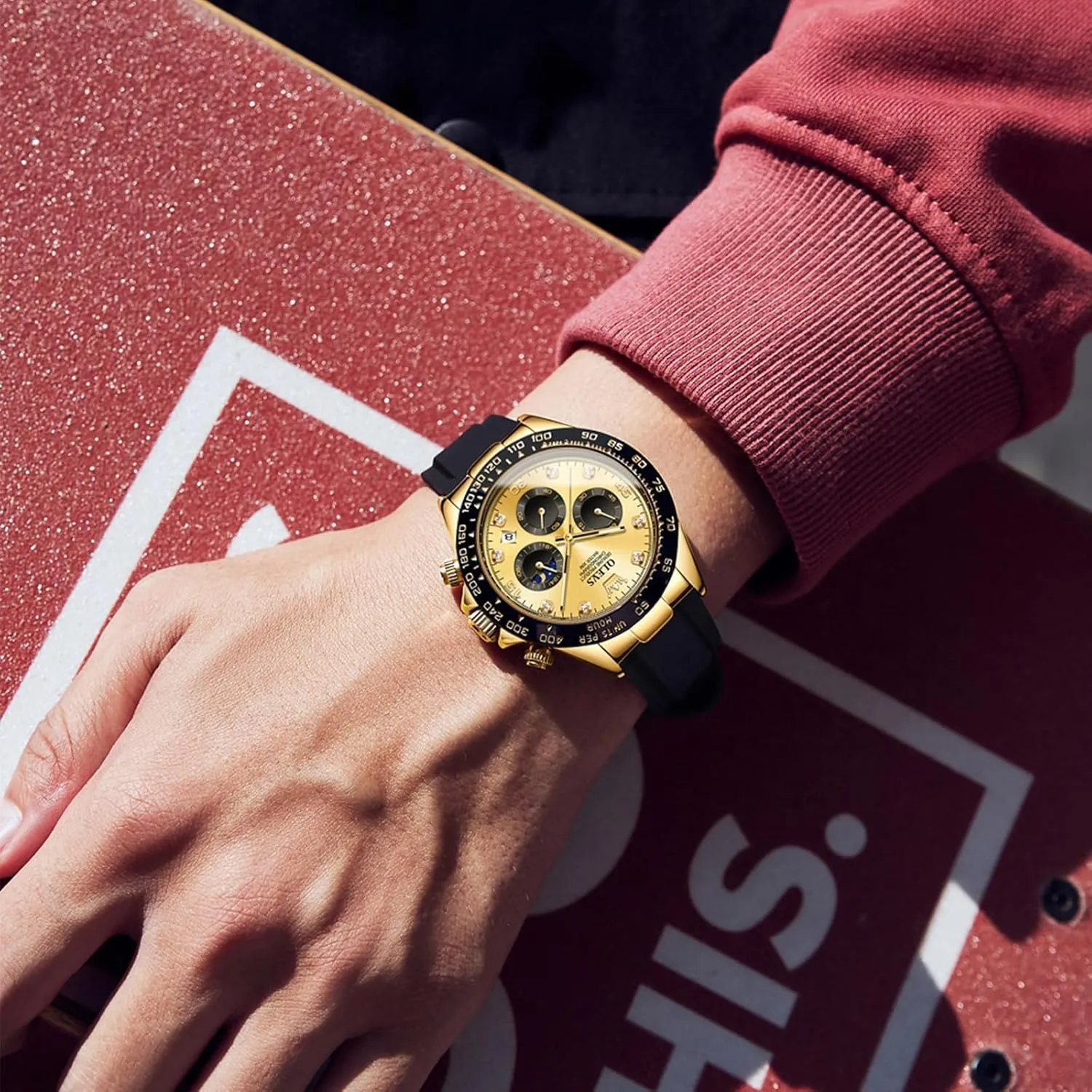 Men Analog Quartz rift sequence concomitant Waterproof Watches Multifunction Chronograph Diamond Moon Phase Luminous Silicone Band Wrist Watches OLEVS 