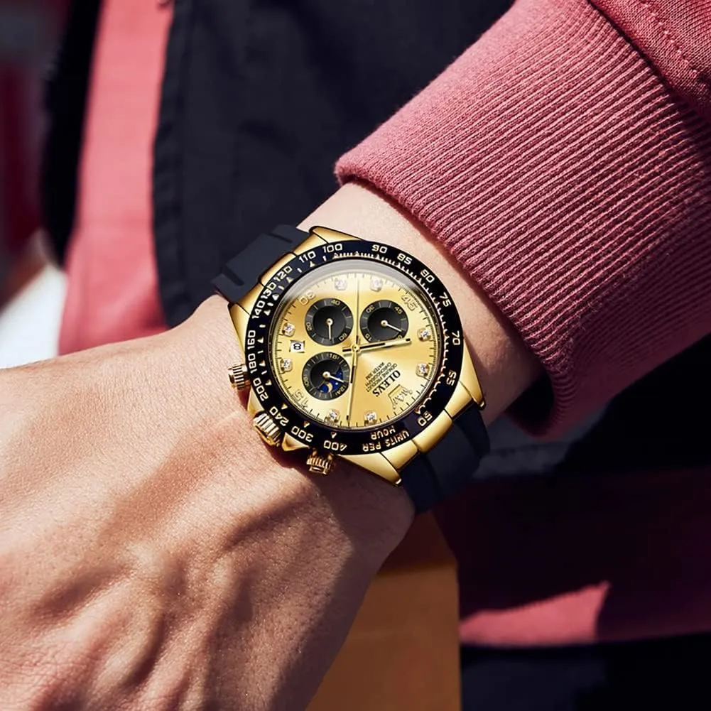Men Analog Quartz rift sequence concomitant Waterproof Watches Multifunction Chronograph Diamond Moon Phase Luminous Silicone Band Wrist Watches OLEVS 