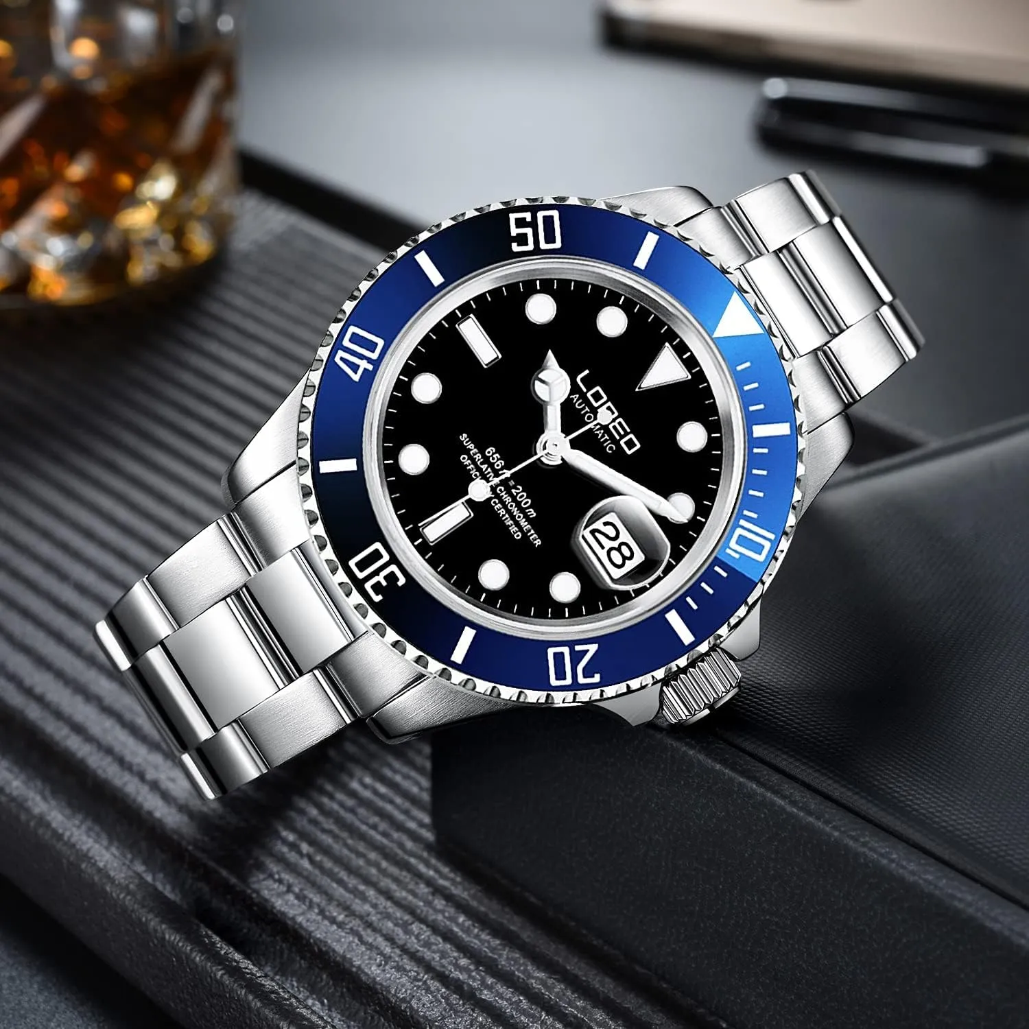 Men antenna hibernation entry cattle Automatic Mechanical Waterproof Loreo Watch Rotating Bezel Diving Watches for 