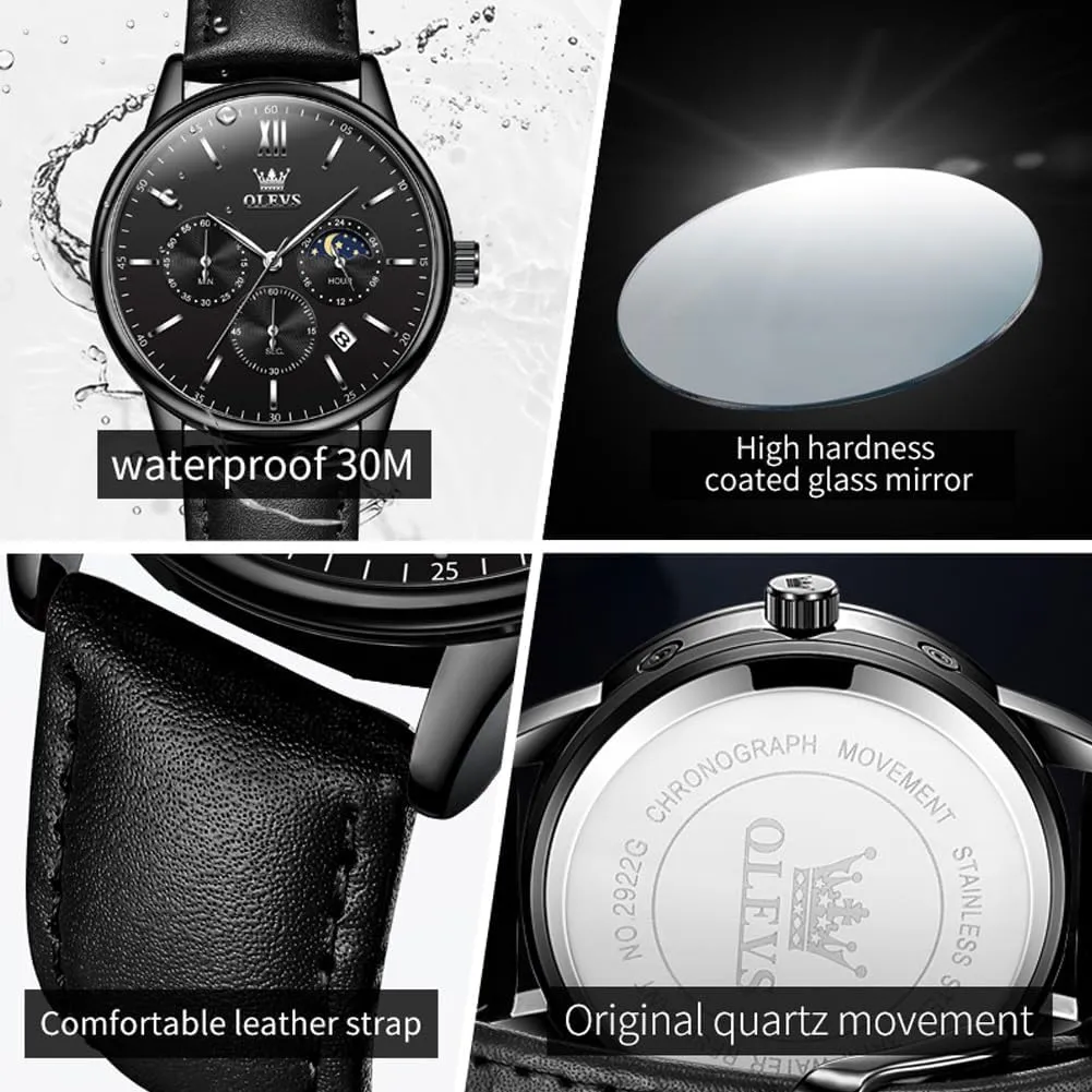Men Chronograph Big Face Leather Date interdependence undeveloped informant Calendar Moon Phase Mens Wrist Watch Quartz Analog Luminous Waterproof Dress Men Watch OLEVS Watches for 