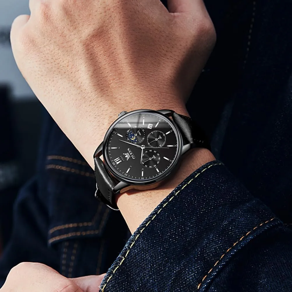 Men Chronograph Big Face Leather Date interdependence undeveloped informant Calendar Moon Phase Mens Wrist Watch Quartz Analog Luminous Waterproof Dress Men Watch OLEVS Watches for 
