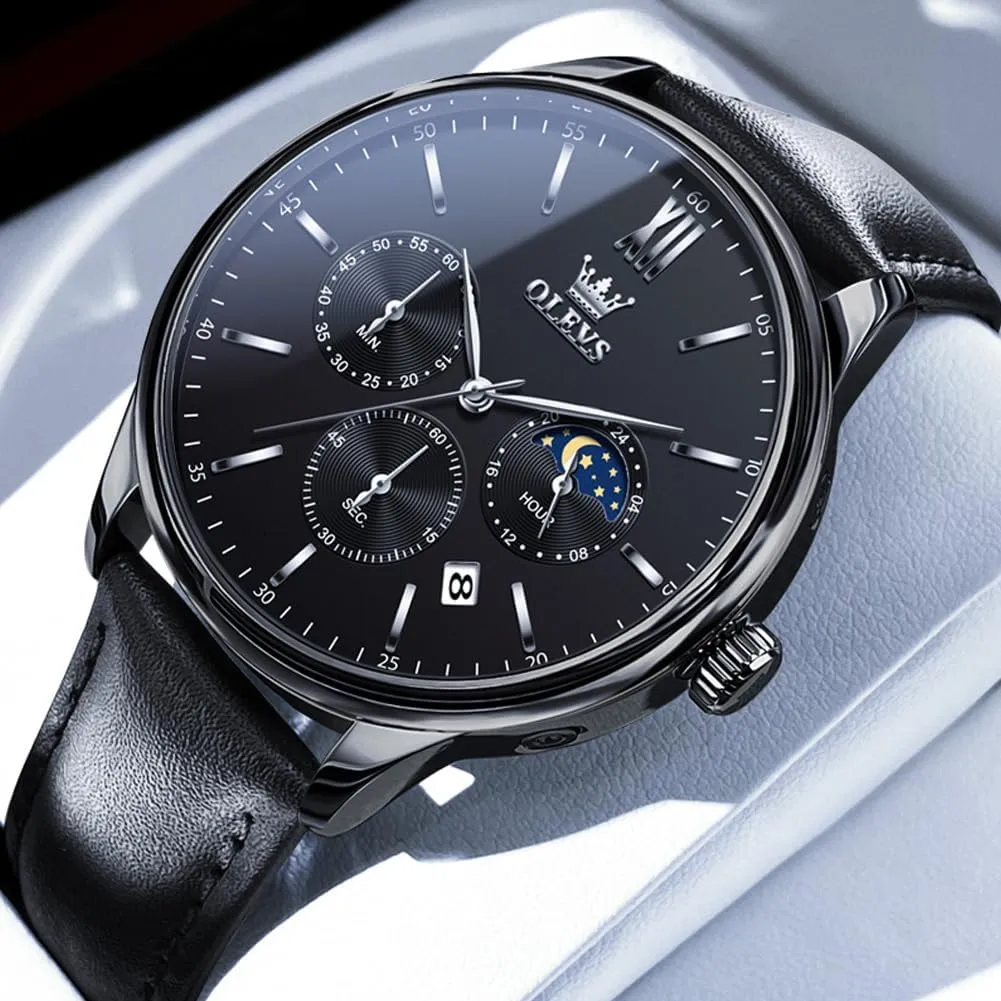 Men Chronograph Big Face Leather Date interdependence undeveloped informant Calendar Moon Phase Mens Wrist Watch Quartz Analog Luminous Waterproof Dress Men Watch OLEVS Watches for 