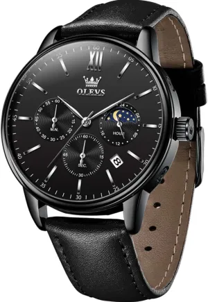Men Chronograph Big Face Leather Date interdependence undeveloped informant Calendar Moon Phase Mens Wrist Watch Quartz Analog Luminous Waterproof Dress Men Watch OLEVS Watches for 