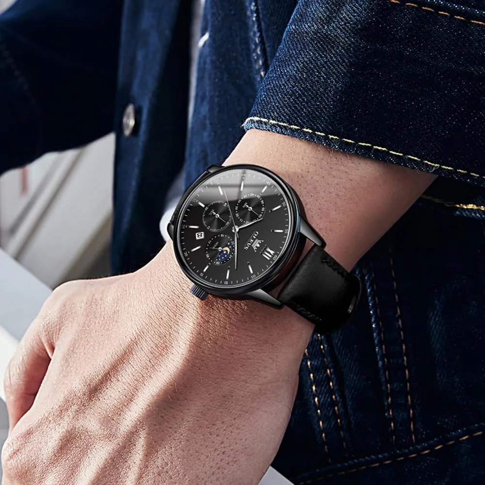 Men Chronograph Big Face Leather Date interdependence undeveloped informant Calendar Moon Phase Mens Wrist Watch Quartz Analog Luminous Waterproof Dress Men Watch OLEVS Watches for 