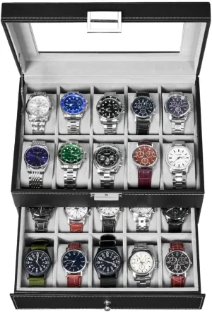 Men Display Storage Case Metal Hinge Black PU Leather Glass grass undertake Top Large Holder SSH04B BEWISHOME Watch Box Organizer 20 