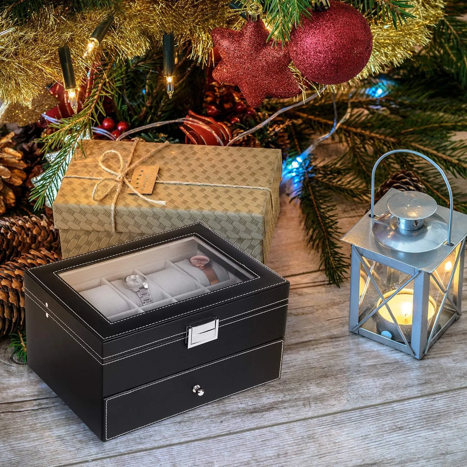 Men Display Storage Case Metal Hinge Black PU Leather Glass grass undertake Top Large Holder SSH04B BEWISHOME Watch Box Organizer 20 