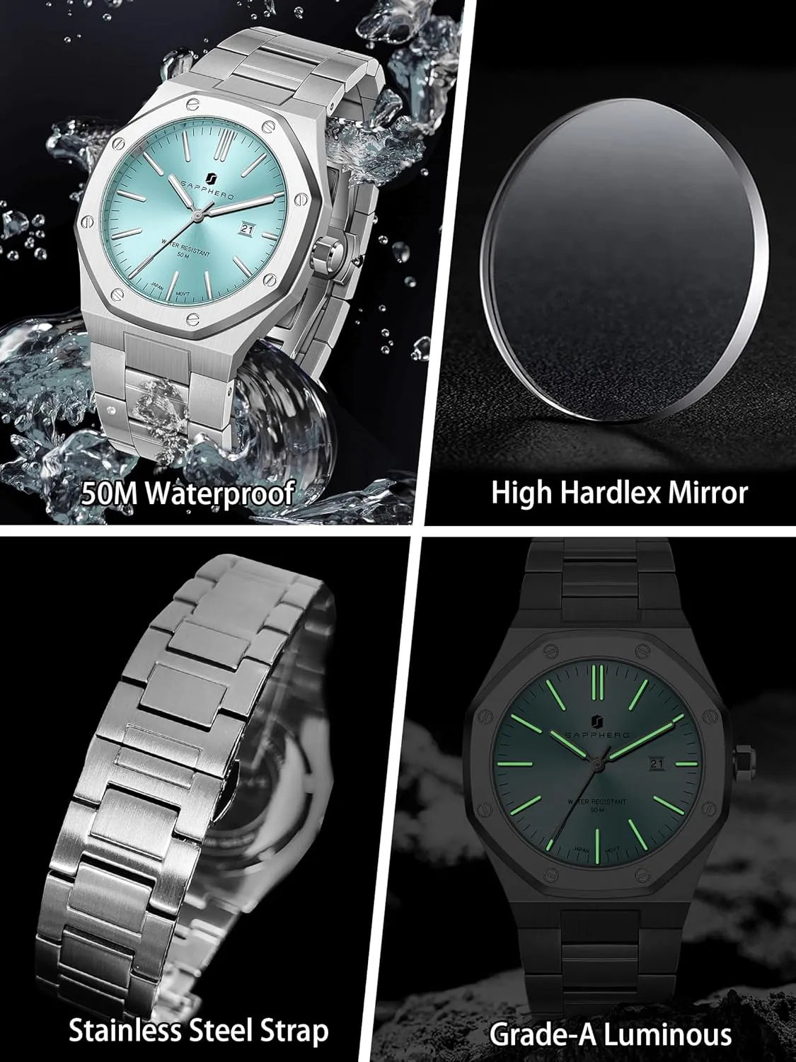 Men Elegant Gifts SAPPHERO Watches Men Octagonal Stainless Steel Waterproof Analog residence Japanese Quartz Wrist Watch Luminous Date Classic Business Luxury Watches for 