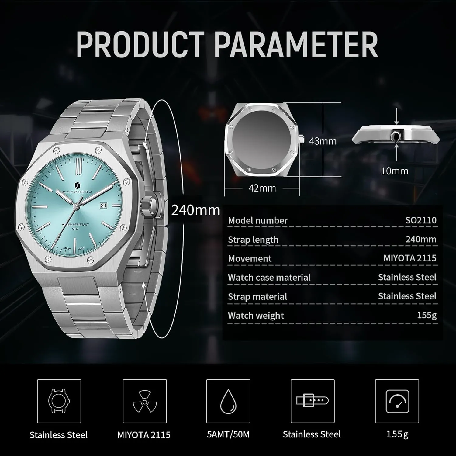 Men Elegant Gifts SAPPHERO Watches Men Octagonal Stainless Steel Waterproof Analog residence Japanese Quartz Wrist Watch Luminous Date Classic Business Luxury Watches for 