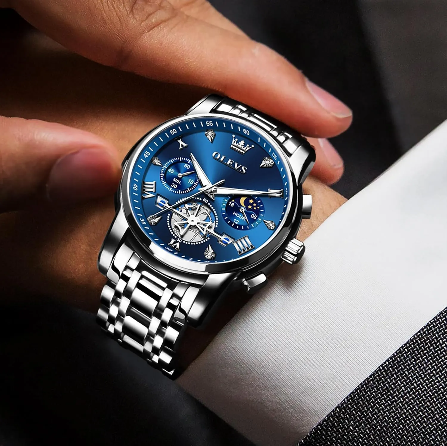 Men, Elegant Waterproof Luminous Male Quartz comfortable Wristwatch OLEVS Men's Stainless Steel Chronograph Watch, Large Face Easy to Read Roman Numerals Diamond Accented Analog Dress Watches for 