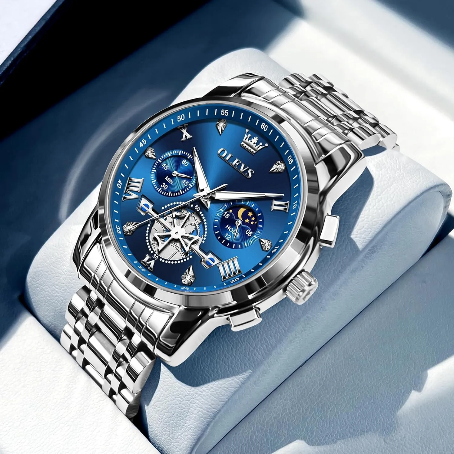 Men, Elegant Waterproof Luminous Male Quartz comfortable Wristwatch OLEVS Men's Stainless Steel Chronograph Watch, Large Face Easy to Read Roman Numerals Diamond Accented Analog Dress Watches for 