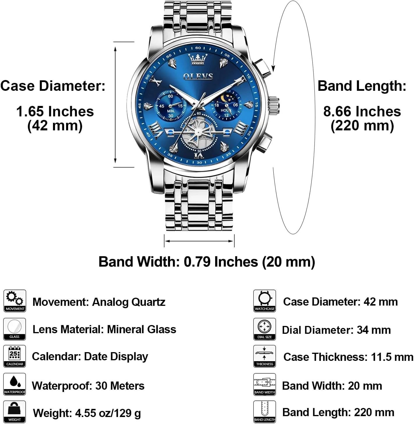 Men, Elegant Waterproof Luminous Male Quartz comfortable Wristwatch OLEVS Men's Stainless Steel Chronograph Watch, Large Face Easy to Read Roman Numerals Diamond Accented Analog Dress Watches for 