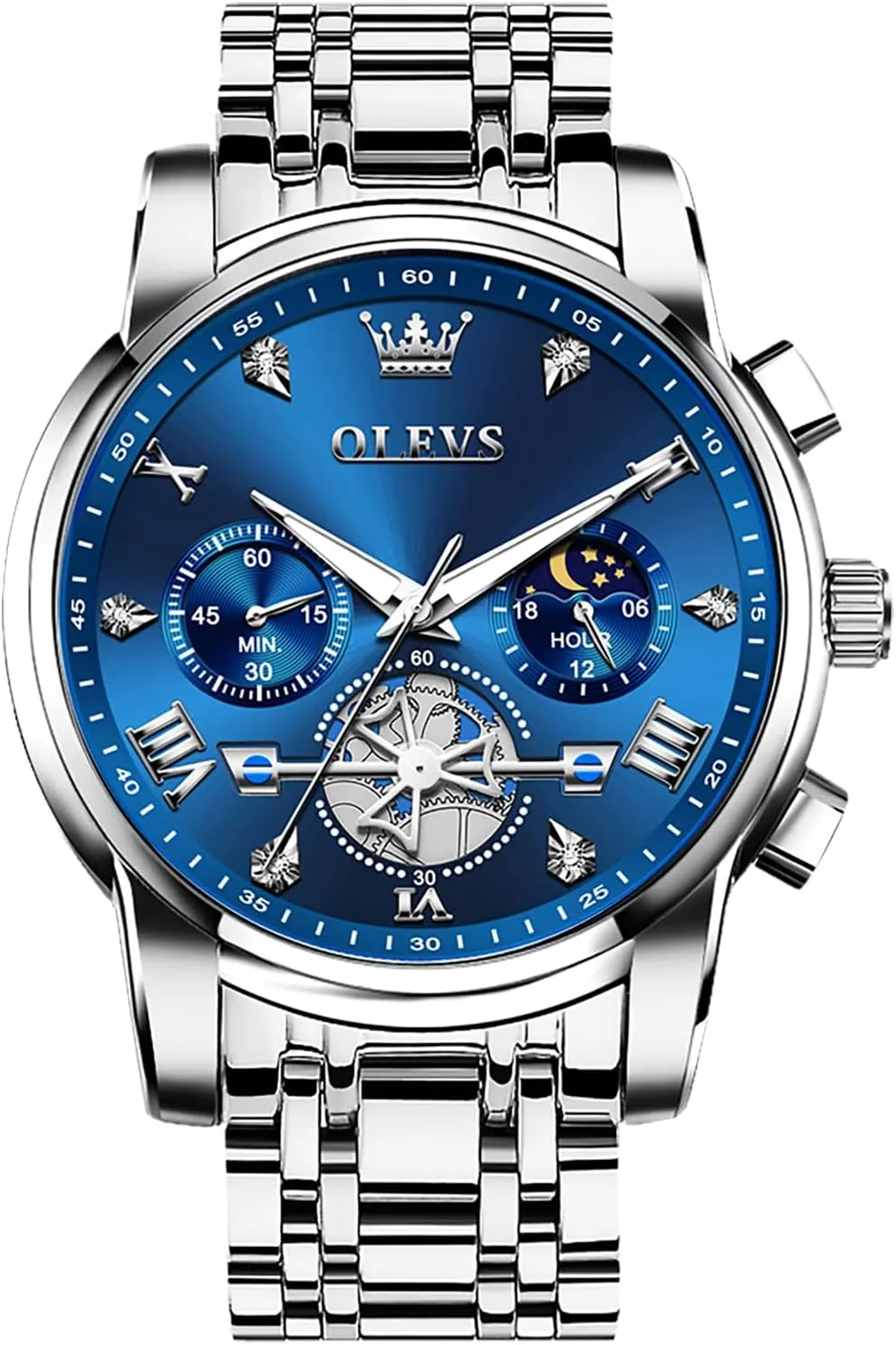 Men, Elegant Waterproof Luminous Male Quartz comfortable Wristwatch OLEVS Men's Stainless Steel Chronograph Watch, Large Face Easy to Read Roman Numerals Diamond Accented Analog Dress Watches for 