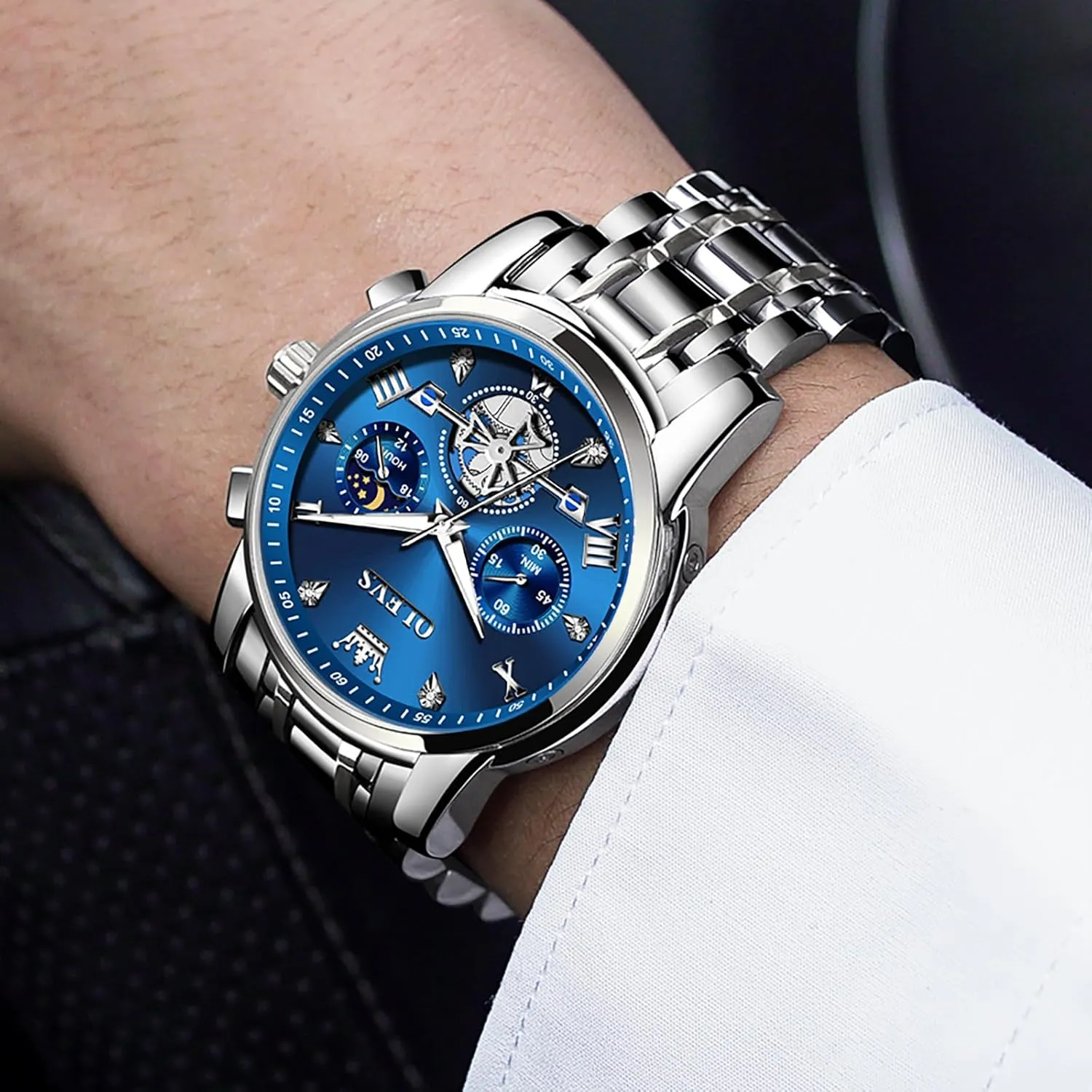 Men, Elegant Waterproof Luminous Male Quartz comfortable Wristwatch OLEVS Men's Stainless Steel Chronograph Watch, Large Face Easy to Read Roman Numerals Diamond Accented Analog Dress Watches for 