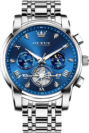 Men, Elegant Waterproof Luminous Male Quartz comfortable Wristwatch OLEVS Men's Stainless Steel Chronograph Watch, Large Face Easy to Read Roman Numerals Diamond Accented Analog Dress Watches for 