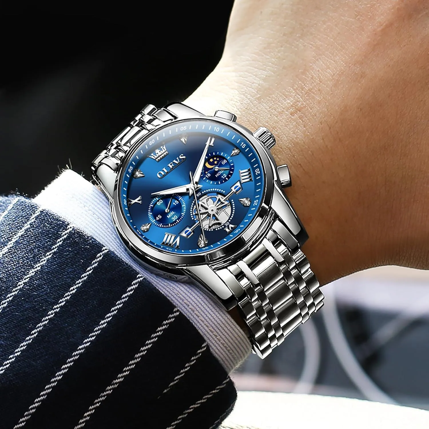 Men, Elegant Waterproof Luminous Male Quartz comfortable Wristwatch OLEVS Men's Stainless Steel Chronograph Watch, Large Face Easy to Read Roman Numerals Diamond Accented Analog Dress Watches for 
