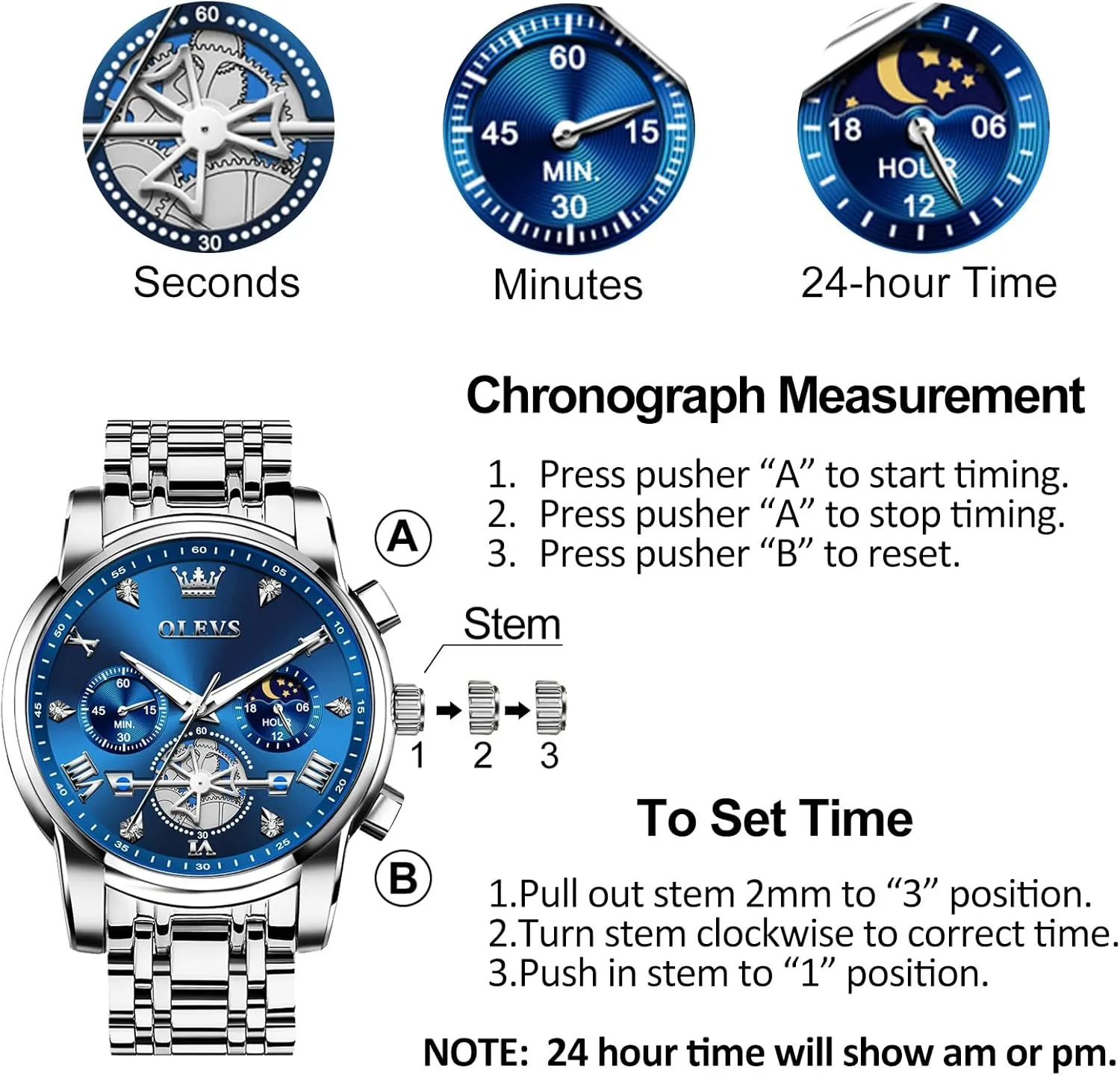 Men, Elegant Waterproof Luminous Male Quartz comfortable Wristwatch OLEVS Men's Stainless Steel Chronograph Watch, Large Face Easy to Read Roman Numerals Diamond Accented Analog Dress Watches for 