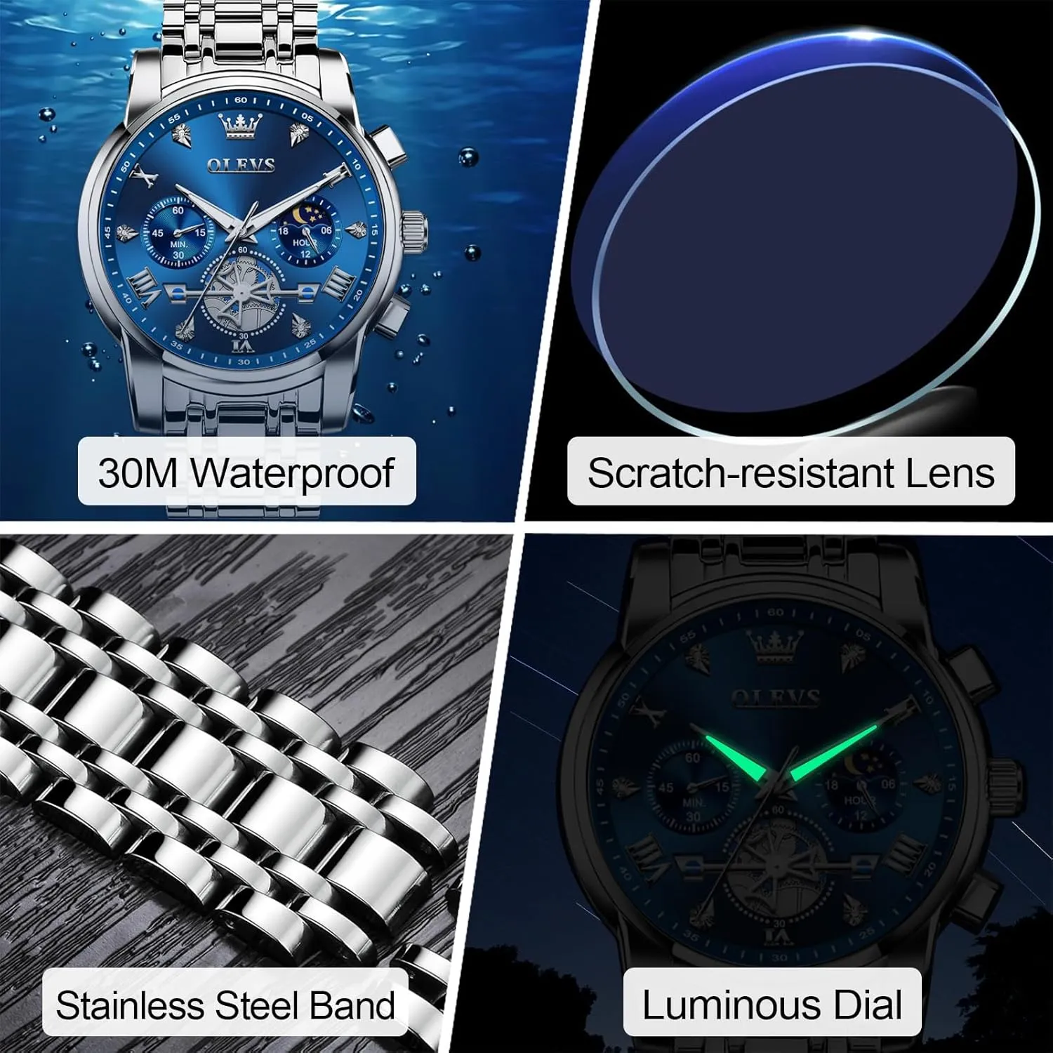 Men, Elegant Waterproof Luminous Male Quartz comfortable Wristwatch OLEVS Men's Stainless Steel Chronograph Watch, Large Face Easy to Read Roman Numerals Diamond Accented Analog Dress Watches for 