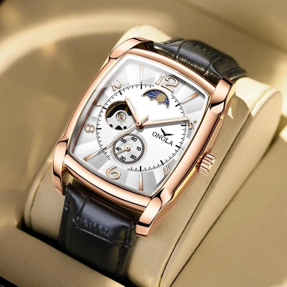 Men Gifts Fashion Mens Watches Luminous Rectangle Mechanical Wristwatch monochrome Skeleton Business Waterproof Male Automatic Watch 
