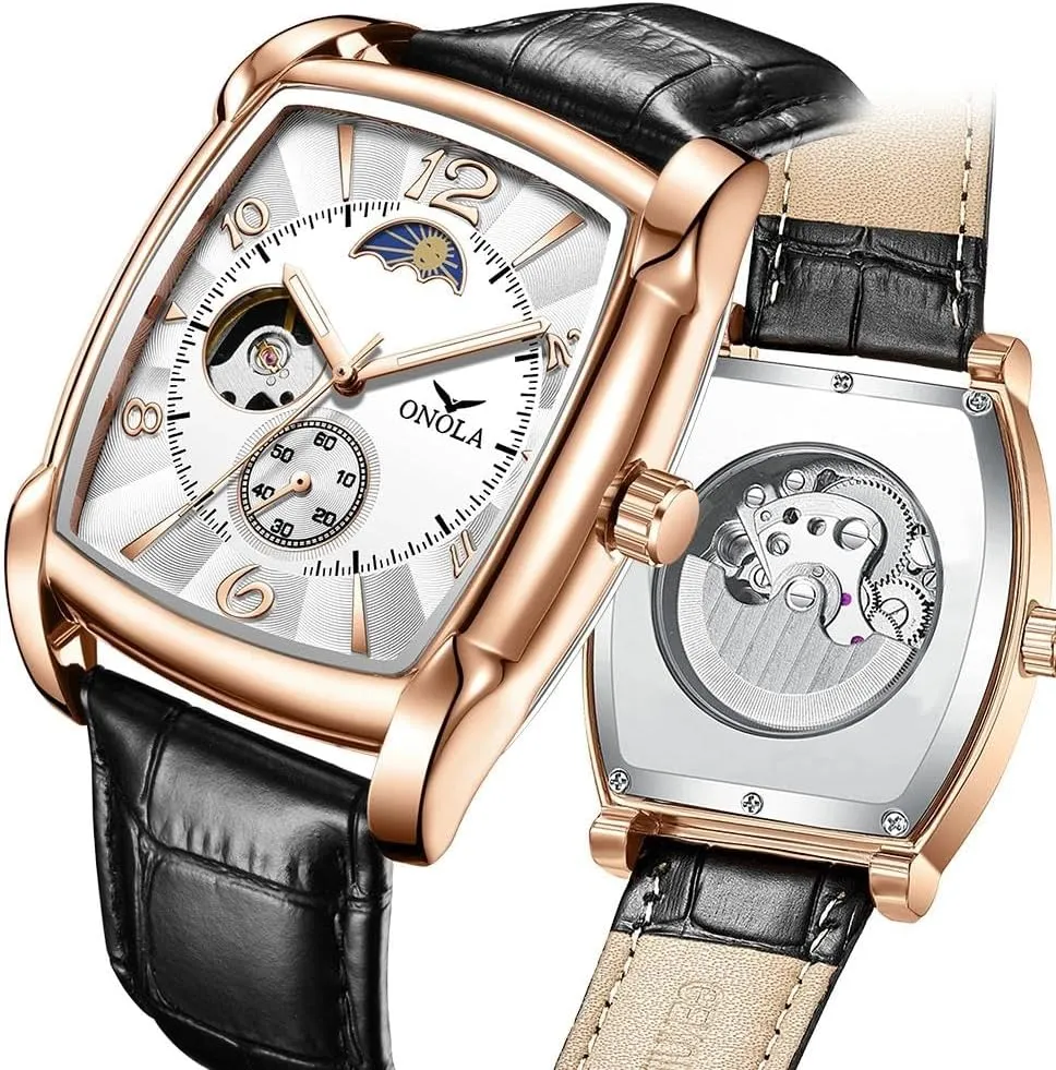 Men Gifts Fashion Mens Watches Luminous Rectangle Mechanical Wristwatch monochrome Skeleton Business Waterproof Male Automatic Watch 