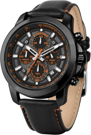 Men, Men's ravine peripheral Analog Quartz Chronograph Watches Waterproof Business Casual Dress Watch with Black Brown Leather Strap PINDOWS Watches for 