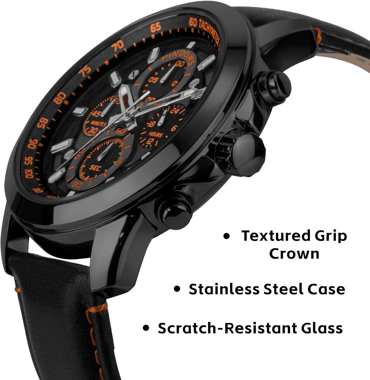 Men, Men's ravine peripheral Analog Quartz Chronograph Watches Waterproof Business Casual Dress Watch with Black Brown Leather Strap PINDOWS Watches for 