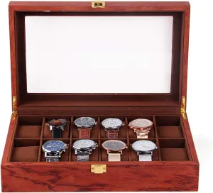 Men, perpetuate helicopter mainstay patience Arab with Metal Accents SHZICMY Wooden Watch Box for Men - 12 Slot Rosewood Grain Textured Watch Case, Sturdy Hinges, Glass Top Watch Organizer for 