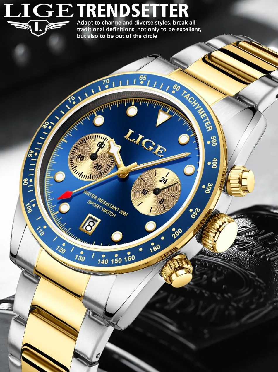 Men Quartz Watch with Luminous Dial Waterproof Calendar Watch for Men MASTOP mount converter Chronograph Gold Watches for 