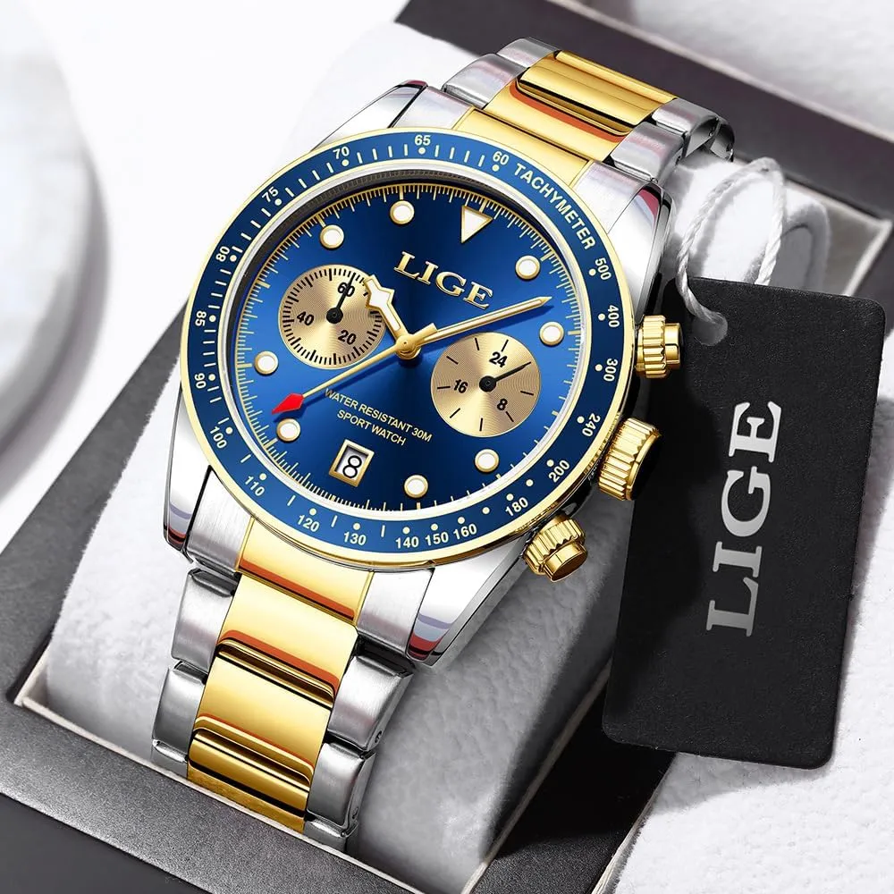 Men Quartz Watch with Luminous Dial Waterproof Calendar Watch for Men MASTOP mount converter Chronograph Gold Watches for 