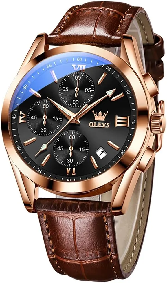 Men Watch Day Date Luminous Waterproof Casual Male Wrist Watch Black/Blue/White Dial OLEVS Watch for Men Chronograph Brown Leather Gold Case Analog Quartz Fashion stack Business Dress Large Face 