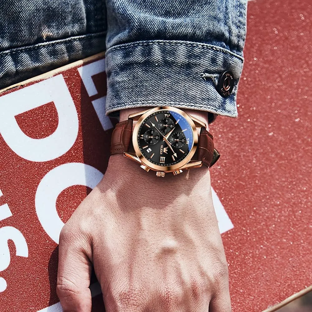 Men Watch Day Date Luminous Waterproof Casual Male Wrist Watch Black/Blue/White Dial OLEVS Watch for Men Chronograph Brown Leather Gold Case Analog Quartz Fashion stack Business Dress Large Face 