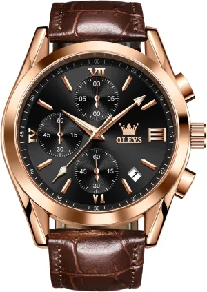Men Watch Day Date Luminous Waterproof Casual Male Wrist Watch Black/Blue/White Dial OLEVS Watch for Men Chronograph Brown Leather Gold Case Analog Quartz Fashion stack Business Dress Large Face 
