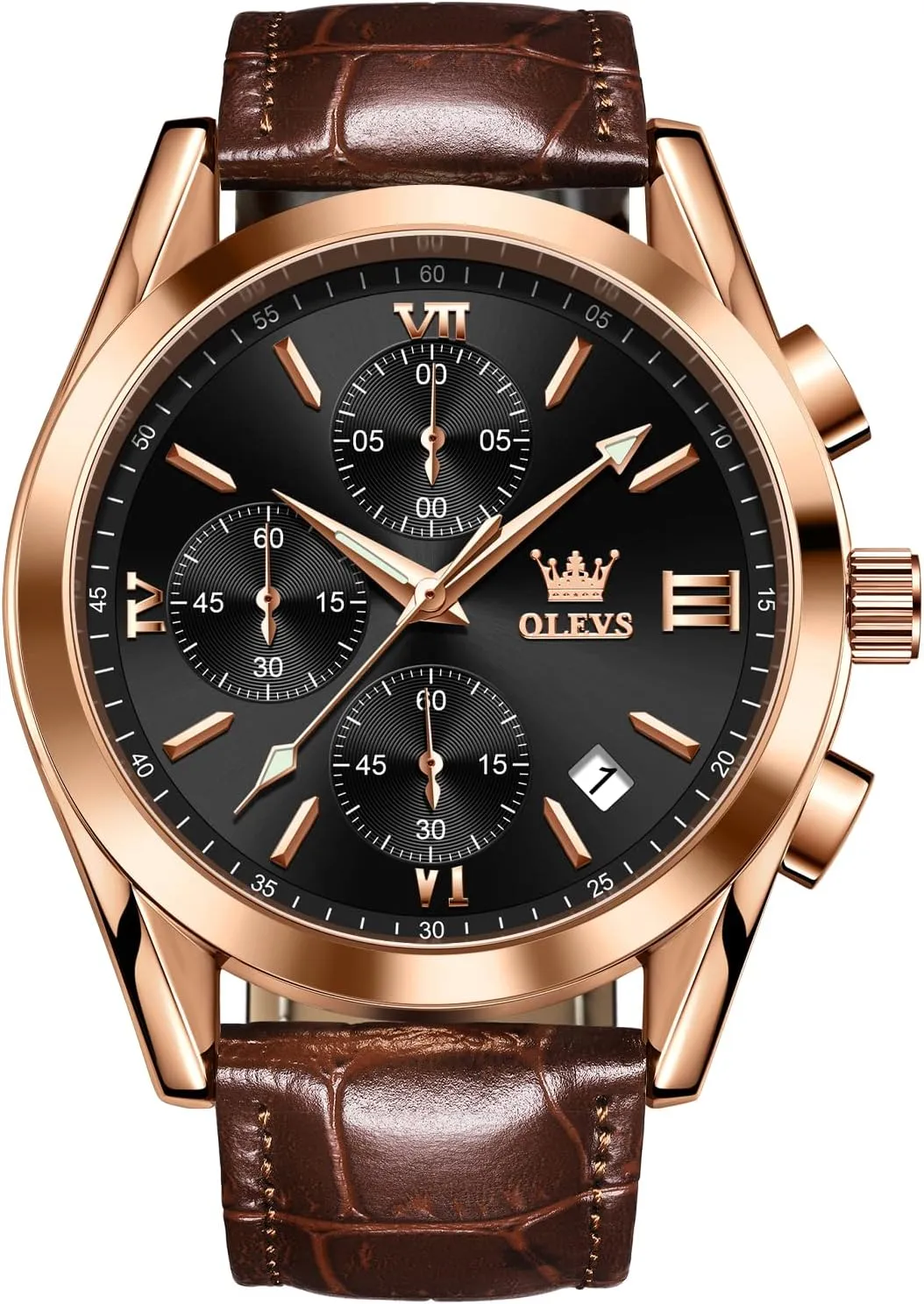 Men Watch Day Date Luminous Waterproof Casual Male Wrist Watch Black/Blue/White Dial OLEVS Watch for Men Chronograph Brown Leather Gold Case Analog Quartz Fashion stack Business Dress Large Face 