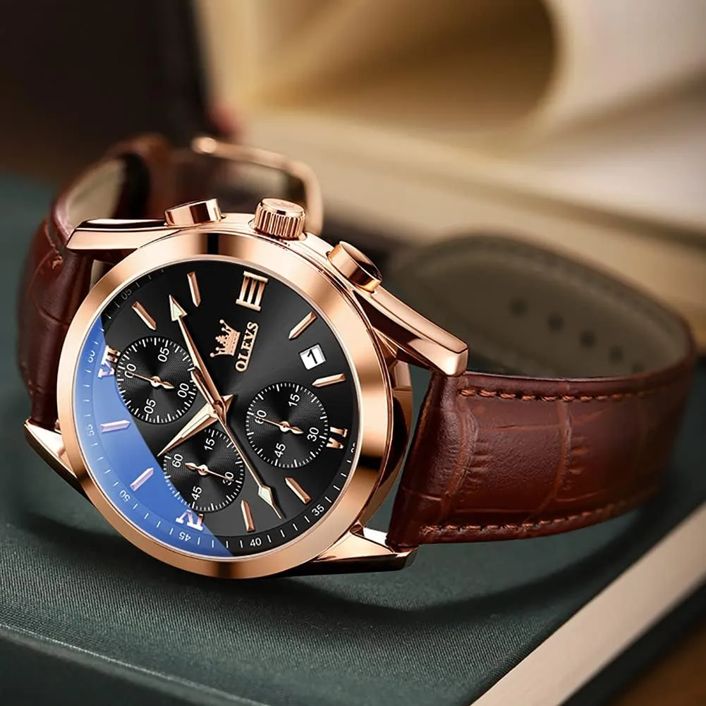 Men Watch Day Date Luminous Waterproof Casual Male Wrist Watch Black/Blue/White Dial OLEVS Watch for Men Chronograph Brown Leather Gold Case Analog Quartz Fashion stack Business Dress Large Face 