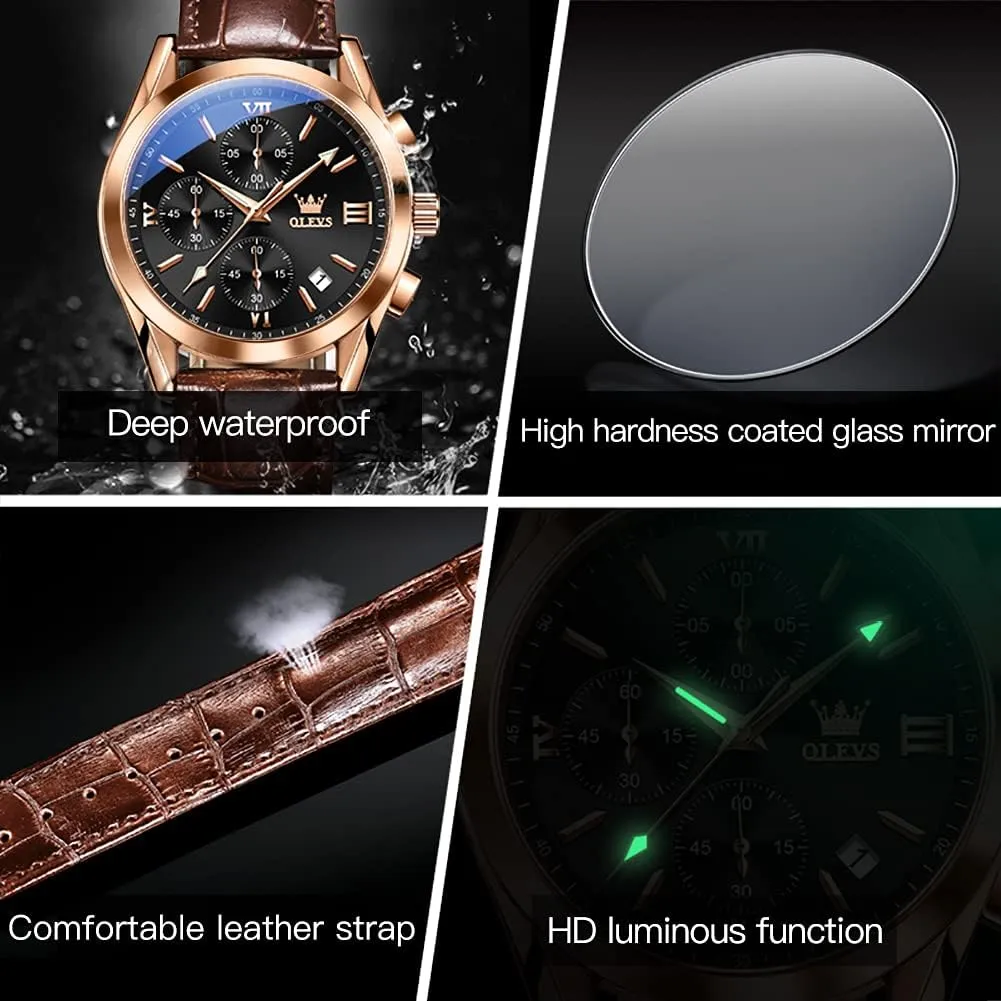 Men Watch Day Date Luminous Waterproof Casual Male Wrist Watch Black/Blue/White Dial OLEVS Watch for Men Chronograph Brown Leather Gold Case Analog Quartz Fashion stack Business Dress Large Face 