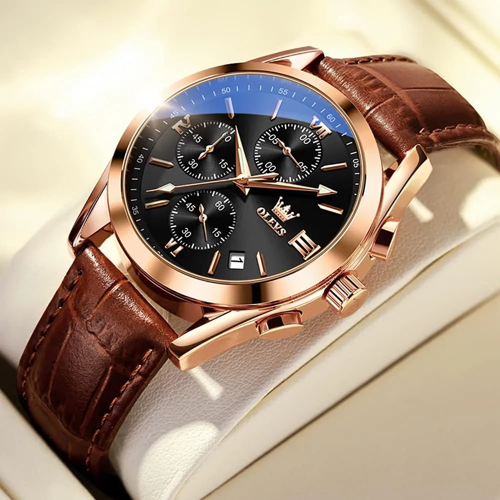 Men Watch Day Date Luminous Waterproof Casual Male Wrist Watch Black/Blue/White Dial OLEVS Watch for Men Chronograph Brown Leather Gold Case Analog Quartz Fashion stack Business Dress Large Face 