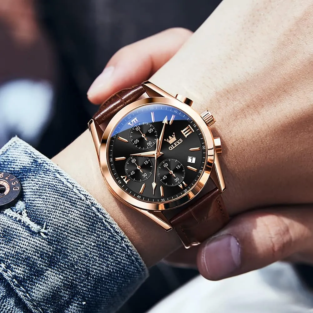 Men Watch Day Date Luminous Waterproof Casual Male Wrist Watch Black/Blue/White Dial OLEVS Watch for Men Chronograph Brown Leather Gold Case Analog Quartz Fashion stack Business Dress Large Face 